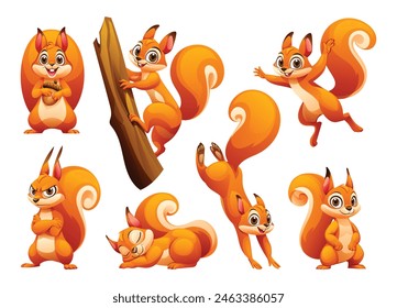 Conjunto de ardilla en diferentes poses. Vector ilustración de dibujos animados