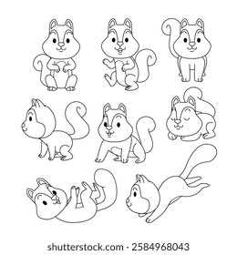 Set of squirrel doodle collection, flamingo outline coloring page book animals for kindergarten, Vector line art set of animals wildlife, Hand drawn, Minimal squirrel line art doodle in different pose