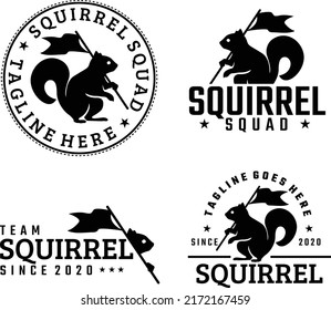 set of squirrel holding flag logo template, chipmunk illustration soccer team logo design concept