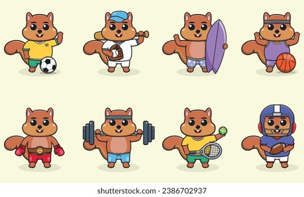 Set of Squirrel wearing uniform and using sports equipment. Funny animals doing exercis. Cute cartoon character vector set isolated on a white background. Cartoon animal sport. Squirrel cartoon. 