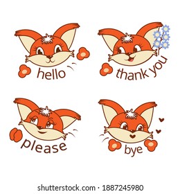 Set of squirrels in cartoon style on a white isolated background with inscriptions. Stickers with the words Thank you, Hello, Please, Bye . Vector illustration