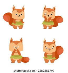Set of squirrels with different emotions, love, anger, and sadness. Drawn in cartoon style. Vector illustration for designs, prints, and patterns. Isolated on white background