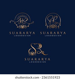 Set of SR letter vector logo collection. SR business logo with golden beauty blooming flowers spiritual and retreat logo design. sign, symbol.