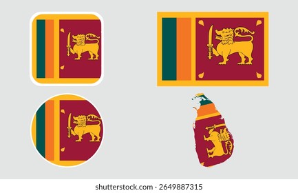 A set of Sri Lanka flag icons. A set of flags in square, rectangular, round and map shapes. Flag icons.