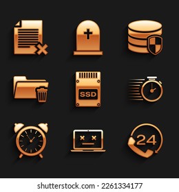 Set SSD card, Dead laptop, Telephone 24 hours support, Stopwatch, Alarm clock and Delete folder icon. Vector