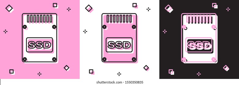 Set SSD card icon isolated on pink and white, black background. Solid state drive sign. Storage disk symbol.  Vector Illustration