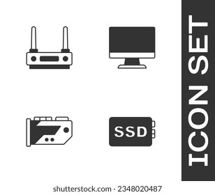 Set SSD card, Router and wi-fi signal, Video graphic and Computer monitor screen icon. Vector