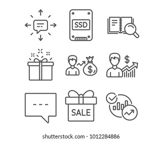 Set of Ssd, Search book and Special offer icons. Sms, Blog and Business growth signs. Sale offer, Sallary and Statistics symbols. Solid-state drive, Online education, Delivery box. Vector