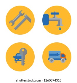 Set of Sservice signs in flat style isolated on yellow background. Collection of Service tool, Plumbing service, Renting car and Shampoo vector illustration.