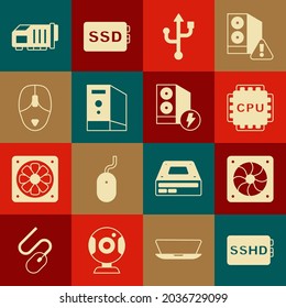Set SSHD card, Computer cooler, Processor with CPU, USB, Case of computer, mouse, Video graphic and  icon. Vector