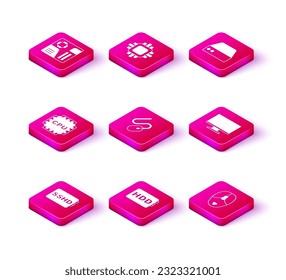 Set SSHD card, Hard disk drive HDD, Processor with CPU, Computer mouse, monitor screen, Server, Data, Web Hosting and  icon. Vector