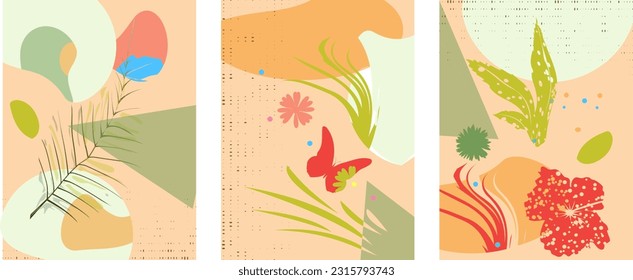 Set SSTK abstract of three color vector cards with abstract shapes and graphic elements of nature. Design for prints, banners, covers. Vector illustration