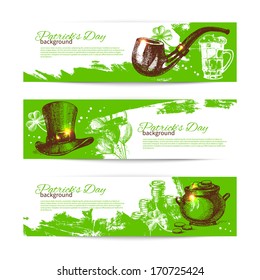 Set of St. Patrick'??s Day banners with hand drawn sketch illustrations