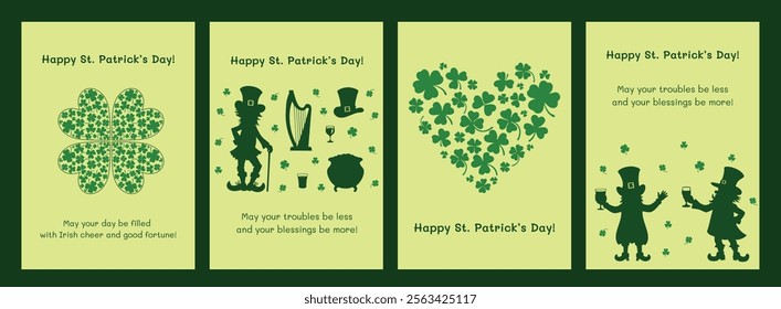 Set of St. Patrick’s Day greeting postcards with leprechauns, shamrocks, and Irish elements