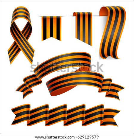 Set of St. George black and orange striped curved Ribbon or banner.Symbol ribbons of great patriotic war. Victory day, May 9, February 23. JPG include isolated path. eps10