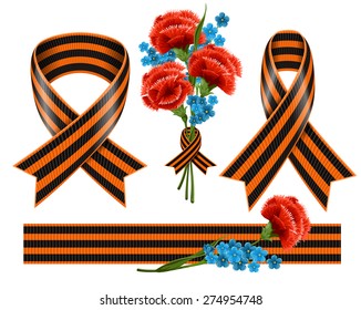 Set of St. George ribbons and a bouquet of red carnations with blue forget-me-not. Vector, isolated on white background.