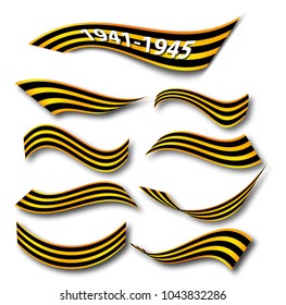 A set of St. George ribbons. May 9 Victory Day. 1941 1945 year. The Great Patriotic War. Vector illustration on isolated background.