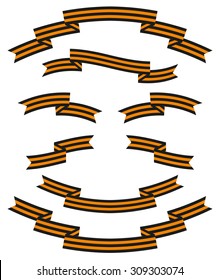 Set of St. George striped black and orange ribbons. Isolated objects on a white background, vector illustration