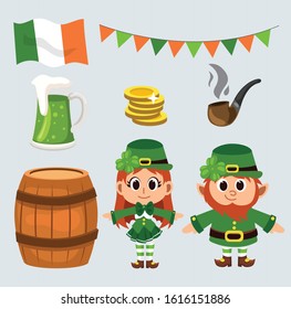 Set St Patrick cute man and woman with beer barrel. coin, pipe,Ireland flag.Vector illustration. Elements asset objects.