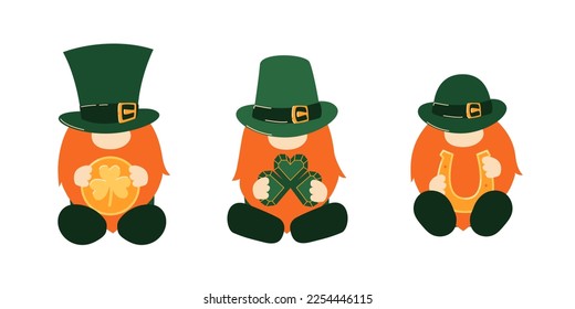 Set of St Patrick day gnomes in striped and decorated hats with leaf clovers, coin, horseshoe. green scandinavian dwarfs collection, bundle in celtic, irish style