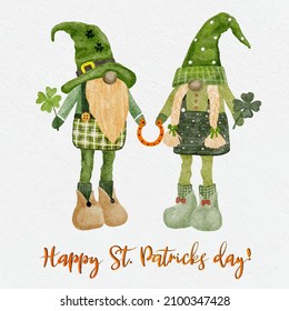 Set St. Patrick day leprechaun with four leaves clovers, Greeting card a gnomes with shamrock a luck symbols.Vector Watercolour green Scandinavian Dwarfs collection in Celtic, Irish style