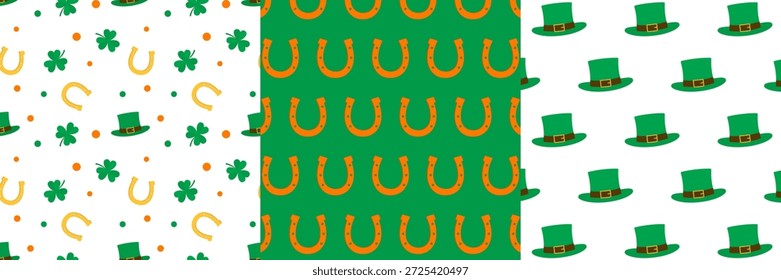 Set of St Patrick day seamless pattern in green and orange.Vector graphic illustration background wallpaper, repeat pattern with with Leprechaun hat, horseshoes and shamrock three leaf clovers.