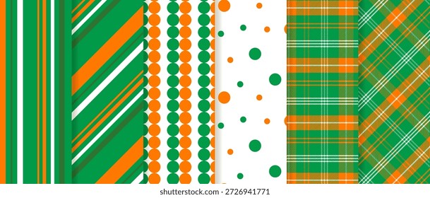 Conjunto de patrón transparente del día de San Patricio en verde y naranja. Fondo de pantalla de fondo de ilustración gráfica de Vector, patrón de repetición con cuadros, rayas y puntos.