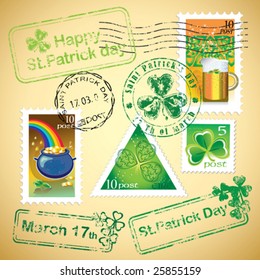 Set of St. Patrick mail's elements (postage, postmark), vector illustration