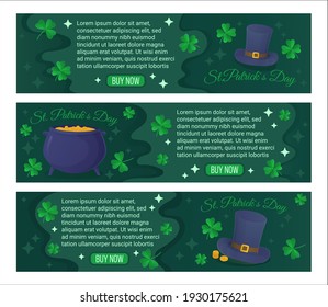 Set of St. Patrick s Day banners. Leprechauns hat and pot with gold coins, clover and sparkles. Stock vector illustration in cartoon realistic style