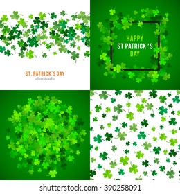Set of St Patricks Day backgrounds. Vector illustration for lucky spring design with shamrock. Green clover wave border isolated on green background. Ireland symbol pattern. Irish header for web site.