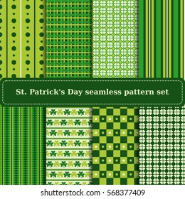 Set of St. Patricks Day backgrounds. Collection of green patterns in traditional colors. Vector illustration.