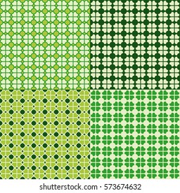 Set of St. Patricks Day backgrounds. Collection of green shamrock seamless patterns in traditional colors. Vector illustration.