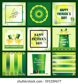 Set of St. Patrick`s Day Backgrounds and Banners with clover leaves. 
Greeting cards with calligraphic text. Vector illustration