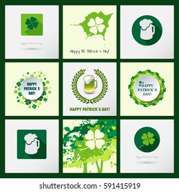 Set of St. Patrick`s Day Backgrounds and Icons with clover leaves. 
Greeting cards with calligraphic text. Vector illustration
  