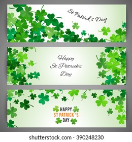 Set of St Patricks Day banners. Vector illustration for lucky spring design with shamrock. Green clover wave border isolated on green background. Ireland symbol pattern. Irish header for web site.