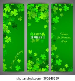 Set of St Patricks Day banners. Vector illustration for lucky spring design with shamrock. Green clover wave border isolated on green background. Ireland symbol pattern. Irish header for web site.