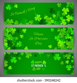 Set of St Patricks Day banners. Vector illustration for lucky spring design with shamrock. Green clover wave border isolated on green background. Ireland symbol pattern. Irish header for web site.
