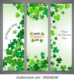 Set of St Patricks Day banners. Vector illustration for lucky spring design with shamrock. Green clover wave border isolated on green background. Ireland symbol pattern. Irish header for web site.
