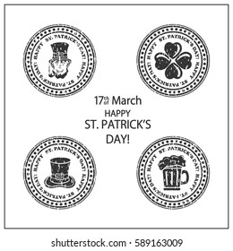 Set of St. Patricks Day black stamps isolated on white background, illustration.