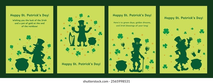 Set of St. Patrick's Day card with leprechaun silhouette and cheerful message