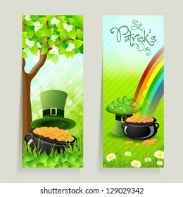 Set of St. Patrick's Day Cards with Cauldron,  Leprechaun Hat, Gold Coins, Rainbow, Grass and Shamrock