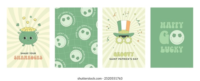 Set of St. Patrick's Day cards with cheerful messages. Pot of gold character, leprechaun hat, shamrock party glasses, funny emoji. Retro groovy style.