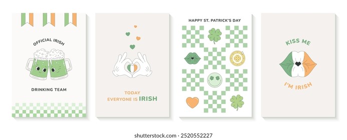 Conjunto de tarjetas del día de San Patricio en estilo retro groovy, con inscripciones divertidas. Cerveza verde irlandesa, gesto de corazón, beso irlandés, trébol de cuatro hojas, moneda de oro.