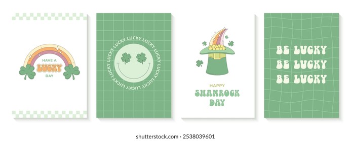 Set of St. Patrick's Day cards. Leprechaun hat full of gold coins, a cheerful emoji, rainbow with shamrocks. Retro groovy style.