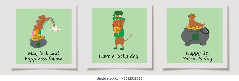 Set of St. Patrick's Day cards with retro cartoon characters designed as St. Patrick's Day mascots