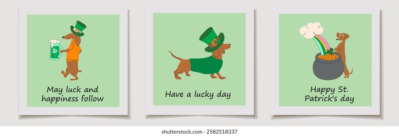 Set of St. Patrick's Day cards with retro cartoon characters designed as St. Patrick's Day mascots