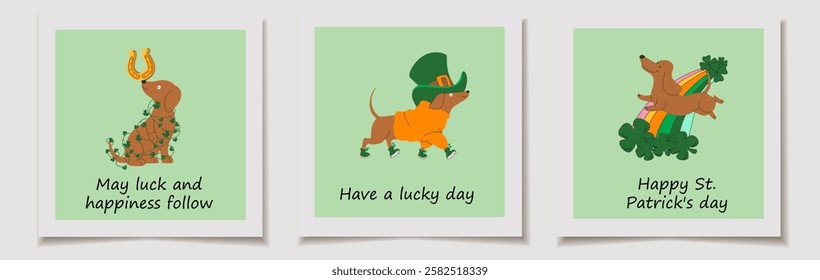 Set of St. Patrick's Day cards with retro cartoon characters designed as St. Patrick's Day mascots