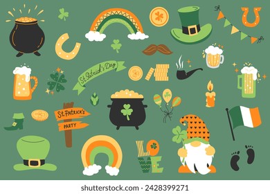 Conjunto de San Patricio. Colección Día de San Patricio con iconos de garabatos dibujados a mano. Ilustración de mosaico de dibujos animados planos con hoja de trébol verde, cerveza, bandera irlandesa, sombrero de duende, trébol, monedas