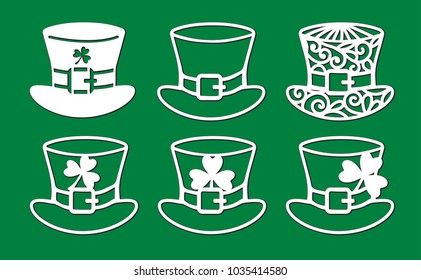 Set of St. Patrick's Day decoration. Openwork green Irish leprechaun hat with shamrock, lace ornament. Laser cutting template. Vector silhouette of elements. Stencil for carving.