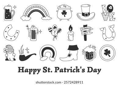 Set of St. Patrick's Day in doodle style. Collection with hand drawn St Patricks day holiday symbols icons. Template for postcard, invitation, advertisement or banner for Irish holiday of March 17.